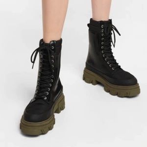 Ganni Quilted Shell and Leather Combat Boots Black Womens Size EU 38 US 8 New